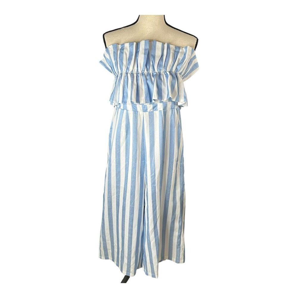 Entro Voluminous Top Wide Leg Blue White‎ Striped Jumpsuit Size Medium